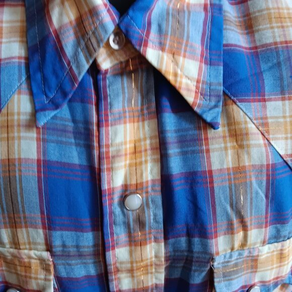 Large Vintage Western Shirt Mens Shiny Gold Plaid Ultra Thin 16.5 34 Dee Cee 80s - Picture 6 of 10
